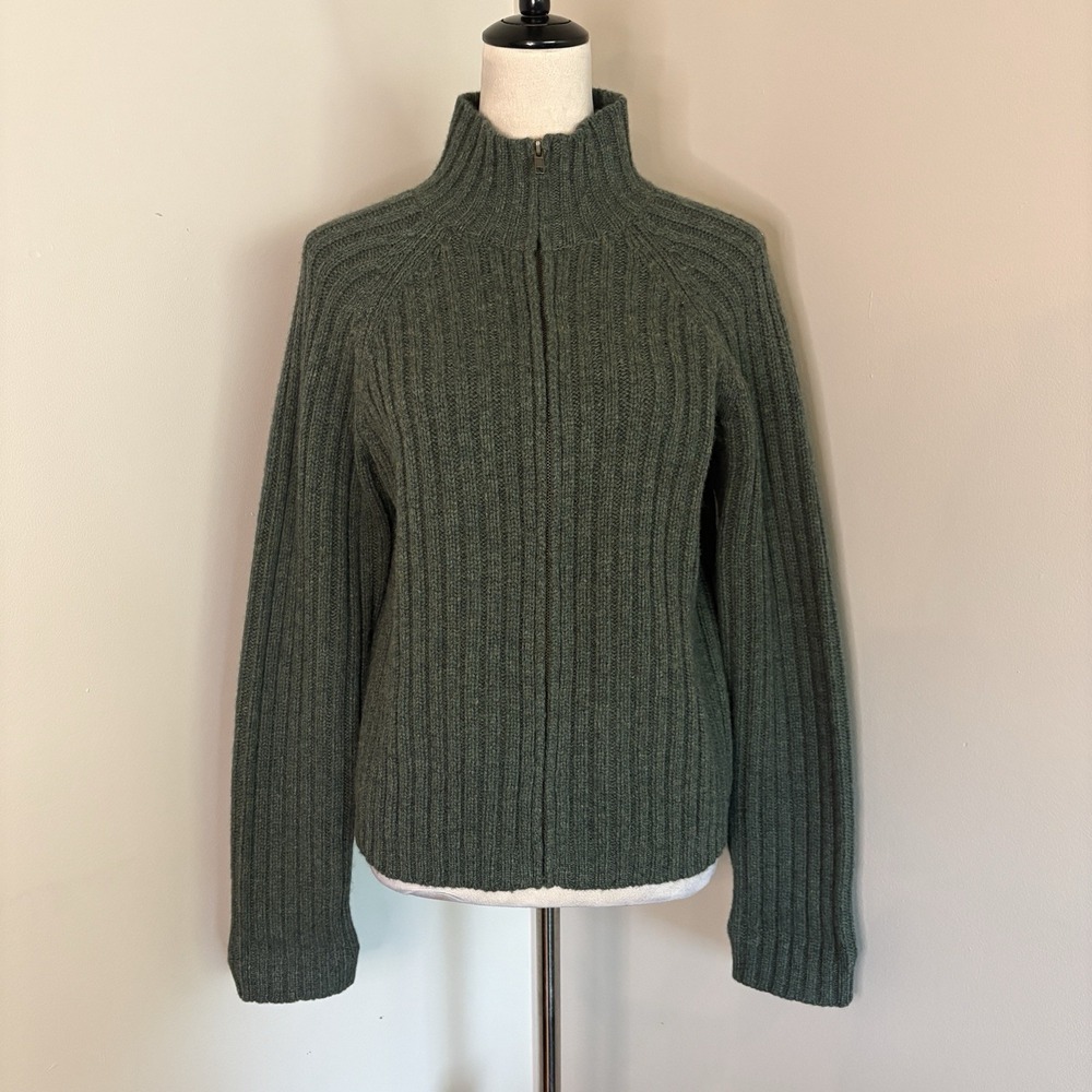 VTG Paul Harris Design L 100% Lambswool Green Zip Up Sweater Cardigan Ribbed EUC